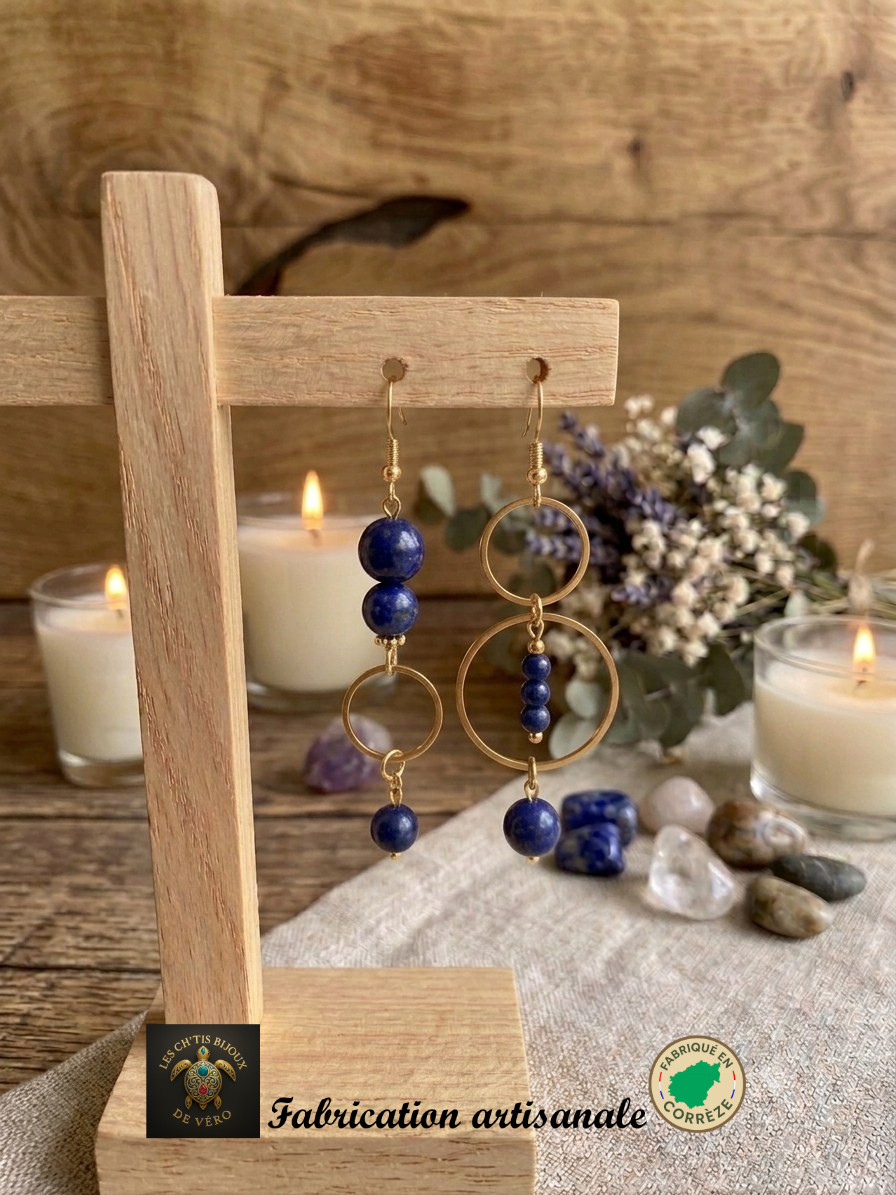 boucles d'oreilles asymétriques — lapis lazuli — bijou fait main Corrèze