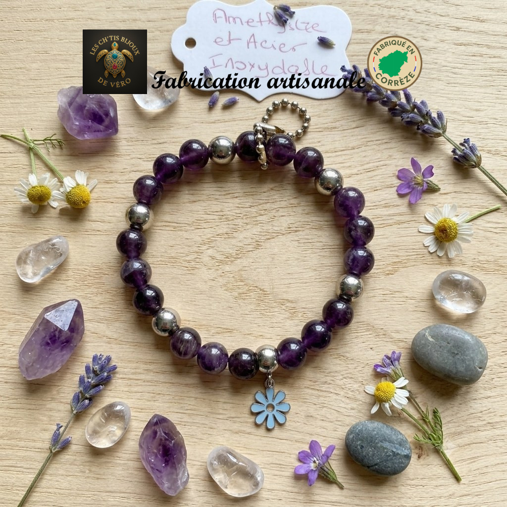 bracelet en Améthyste — pierre naturelle et acier inoxydable — bijou fait main Corrèze