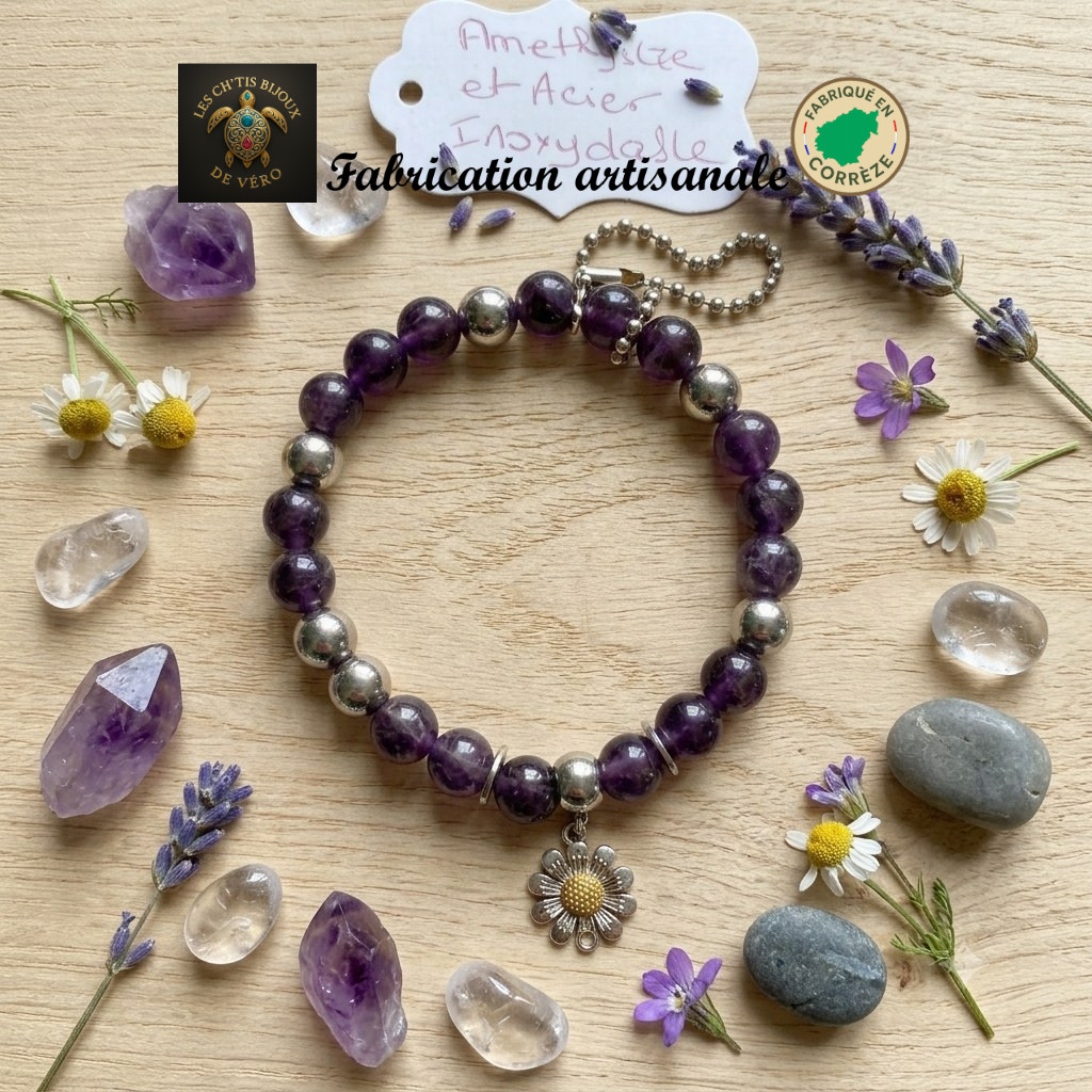 bracelet en Améthyste — améthyste et acier inoxydable — bijou fait main Corrèze