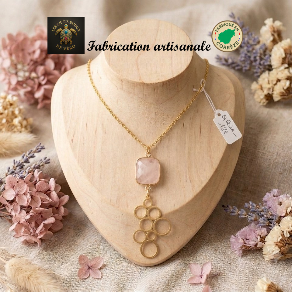 collier Quartz rose — quartz rose et acier inoxydable — bijou fait main Corrèze