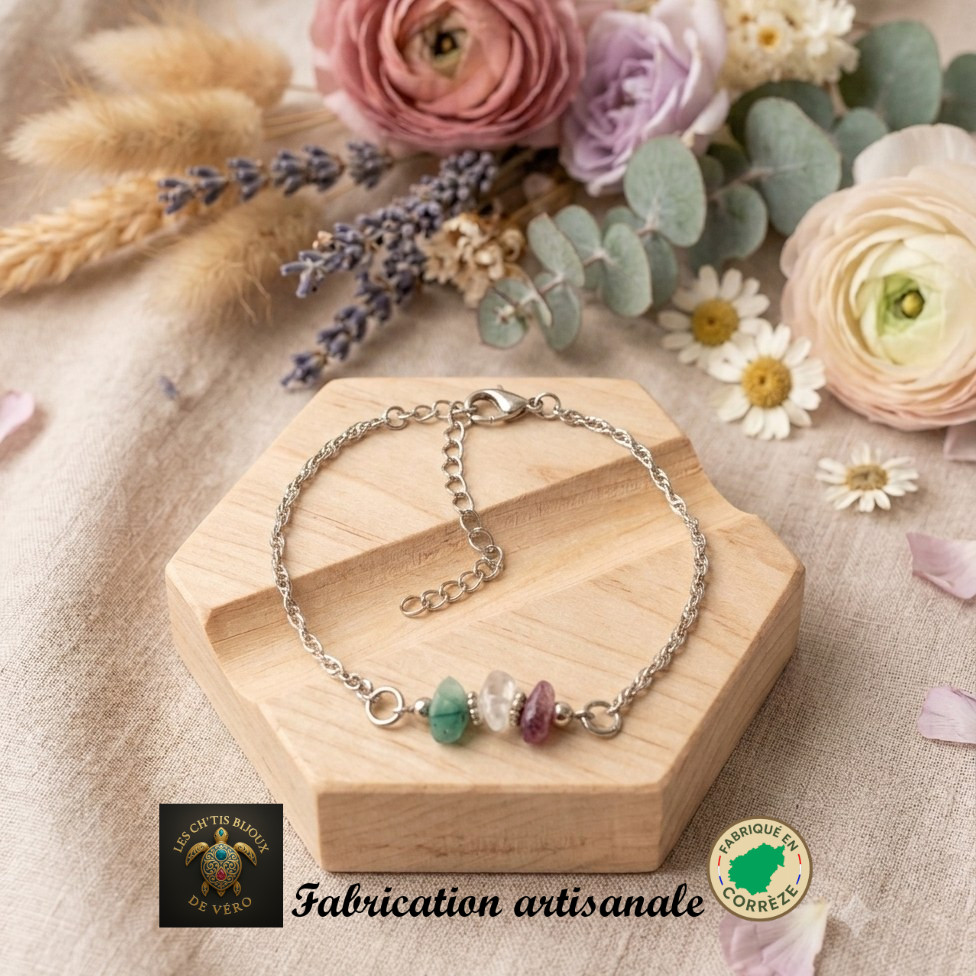 bracelet argenté et pierre naturelle — fluorite et acier inoxydable — bijou fait main Corrèze
