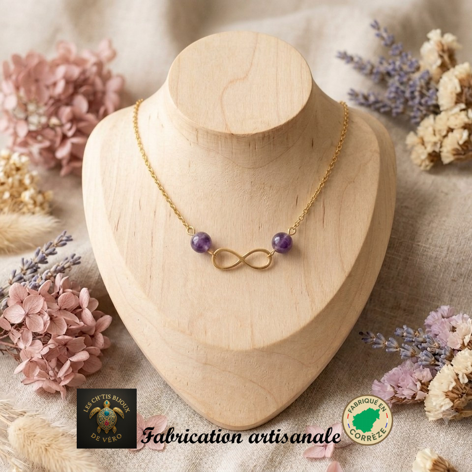 collier ras de cou — améthyste et acier inoxydable — bijou fait main Corrèze